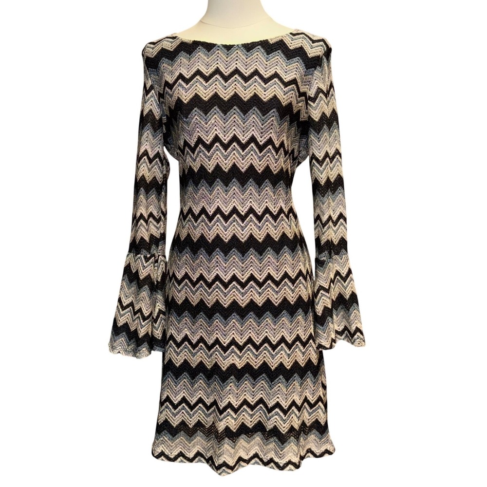 Tacera Zigzag Knit Dress Womens Large Blue Black Excellent Bell Sleeve Chevron